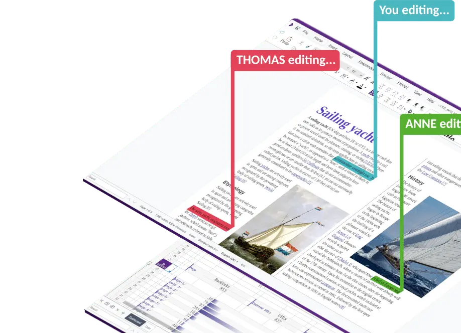 Browser-based real-time co-editing of an Office document with multiple user cursors visible