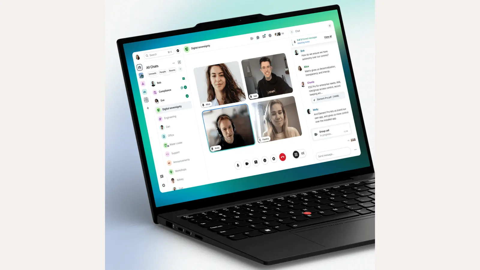 Group call on a laptop — four-participant video grid