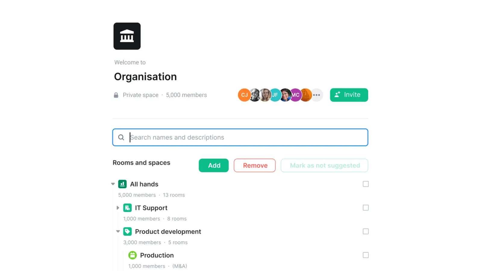 Spaces — 'Organisation' private space with nested rooms tree (All hands · IT Support · Product development · Production)