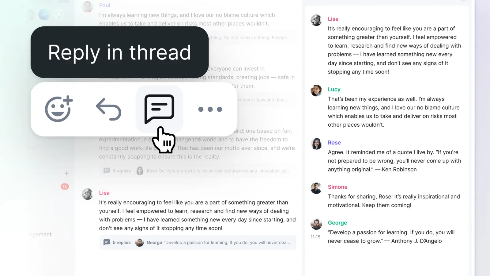 Chat room with a thread expanded — Reply in thread context menu and threaded replies sidebar