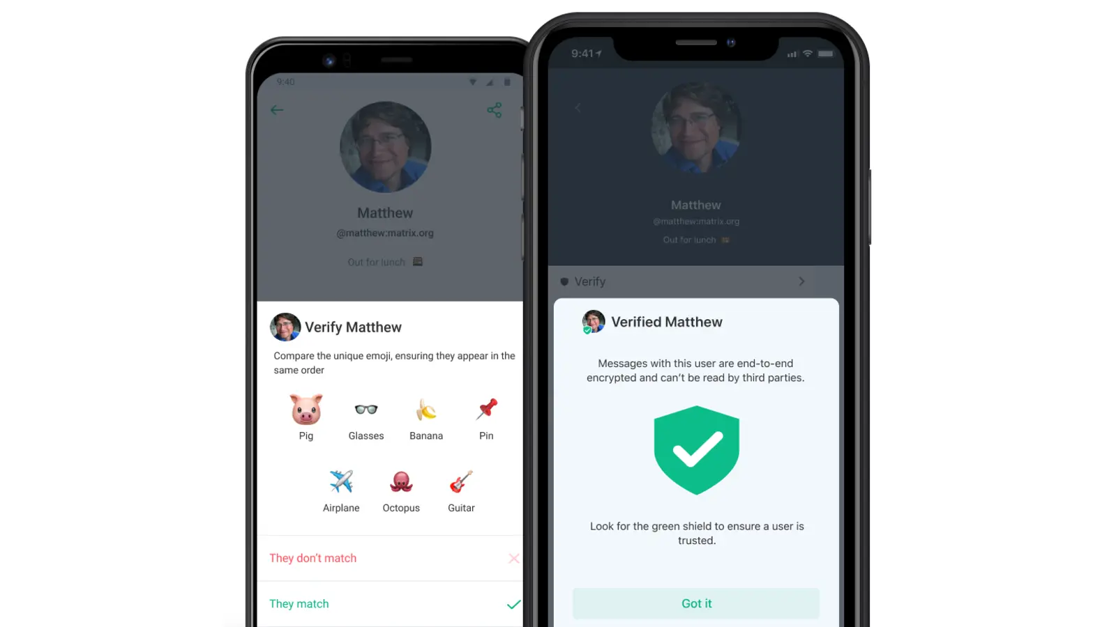 Device verification — emoji comparison flow with green shield 'Verified Matthew · end-to-end encrypted'