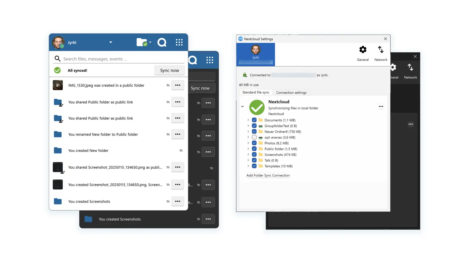 Desktop sync client on Windows and macOS — activity feed and file-sync settings windows