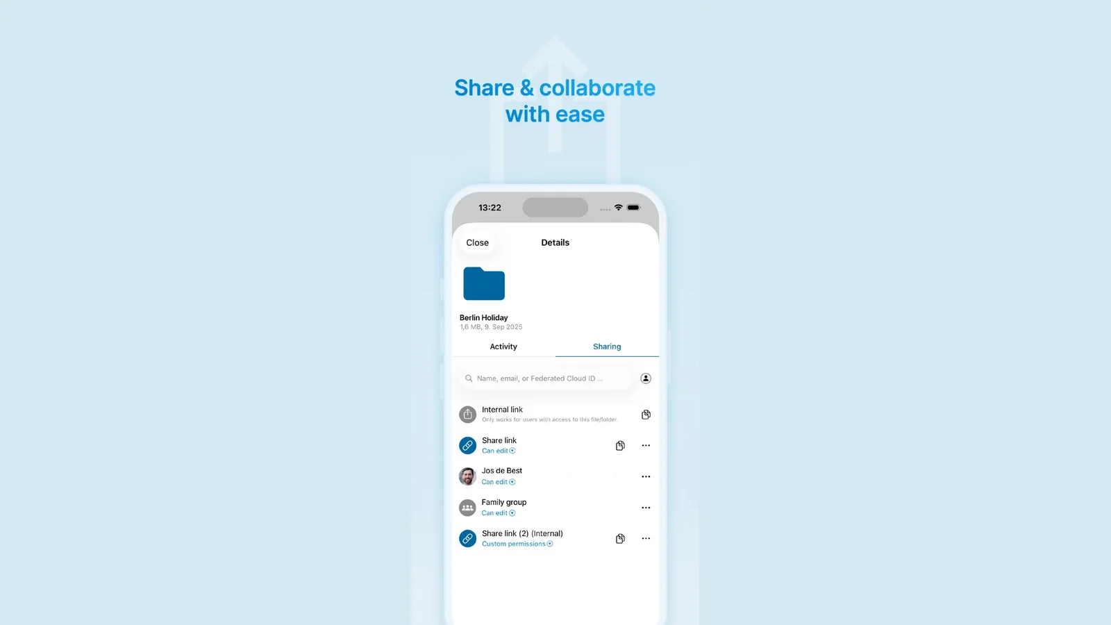 Files iOS app — unified search, photo library, sharing dialog, and offline access