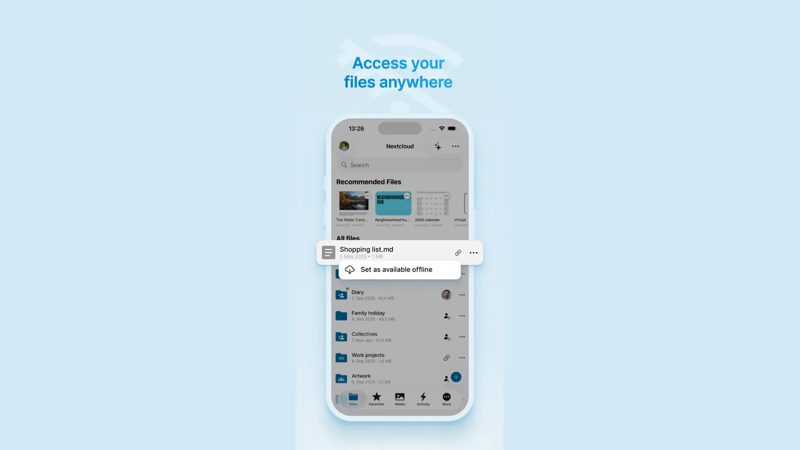 Files iOS app — unified search, photo library, sharing dialog, and offline access