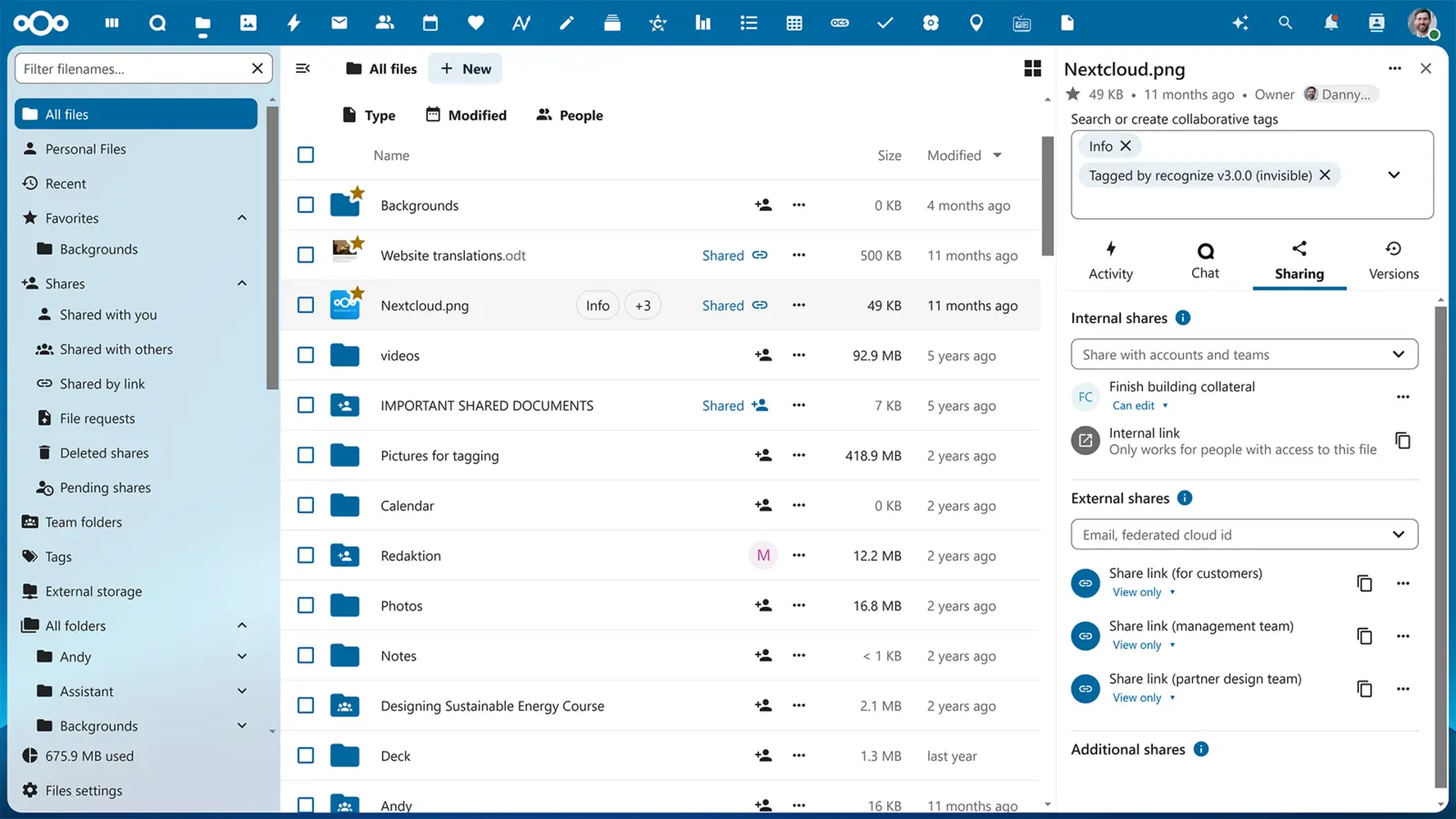 Files sharing sidebar with internal and external link options, permissions and expiry