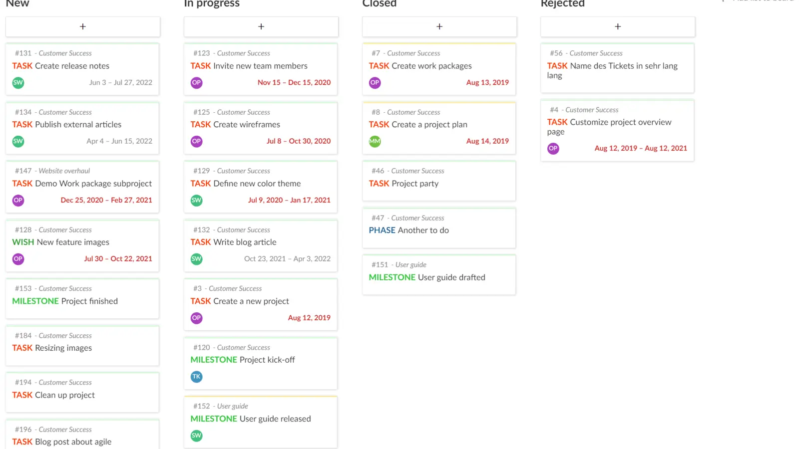 Kanban board with New, In progress, Closed and Rejected columns and cards across statuses