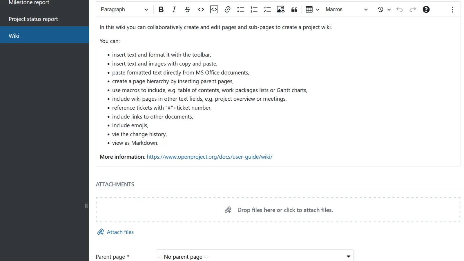 Project wiki page with sidebar (Milestone report, Project status report, Wiki) and a rich-text editor toolbar
