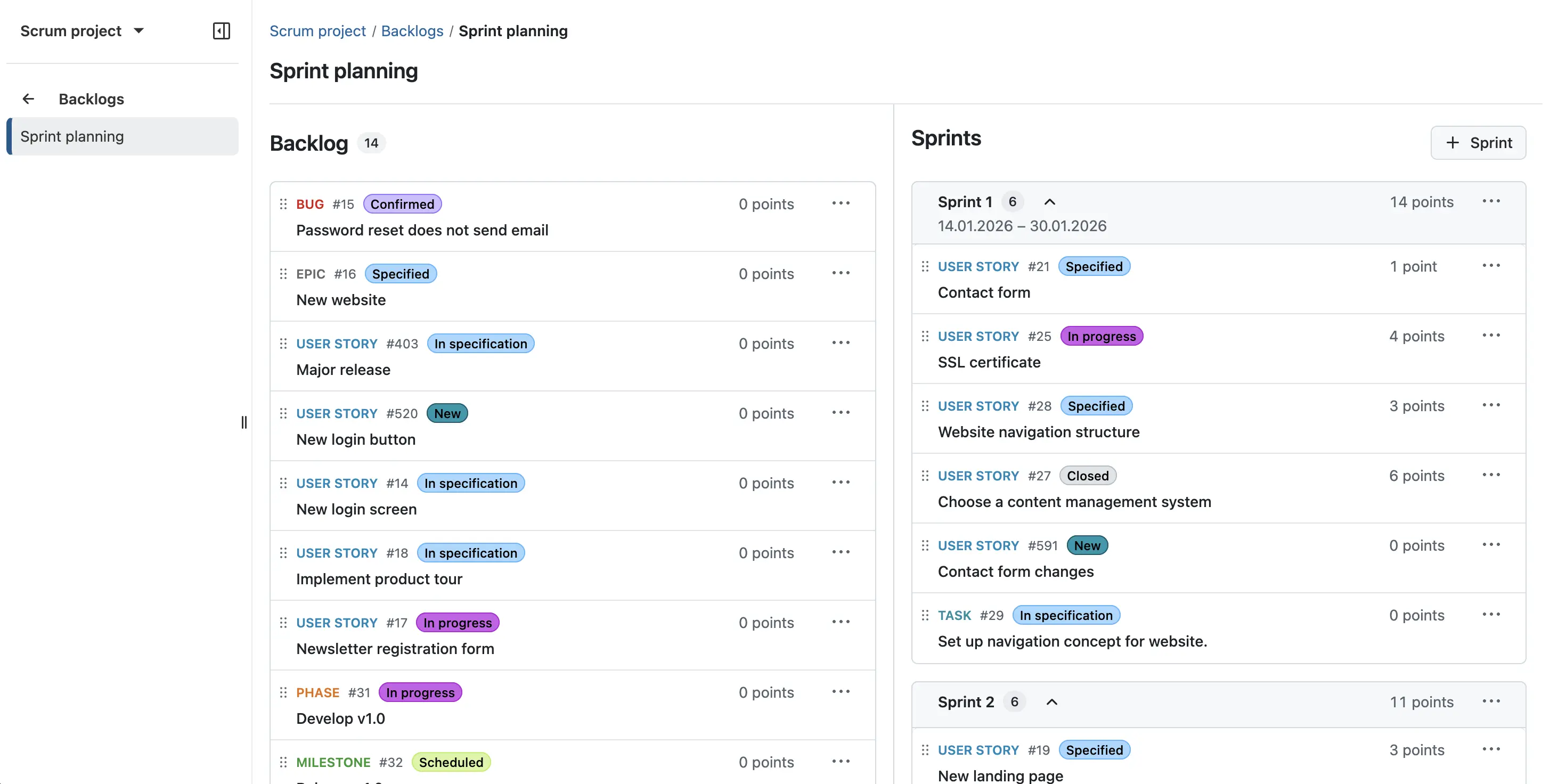 Projects interface preview