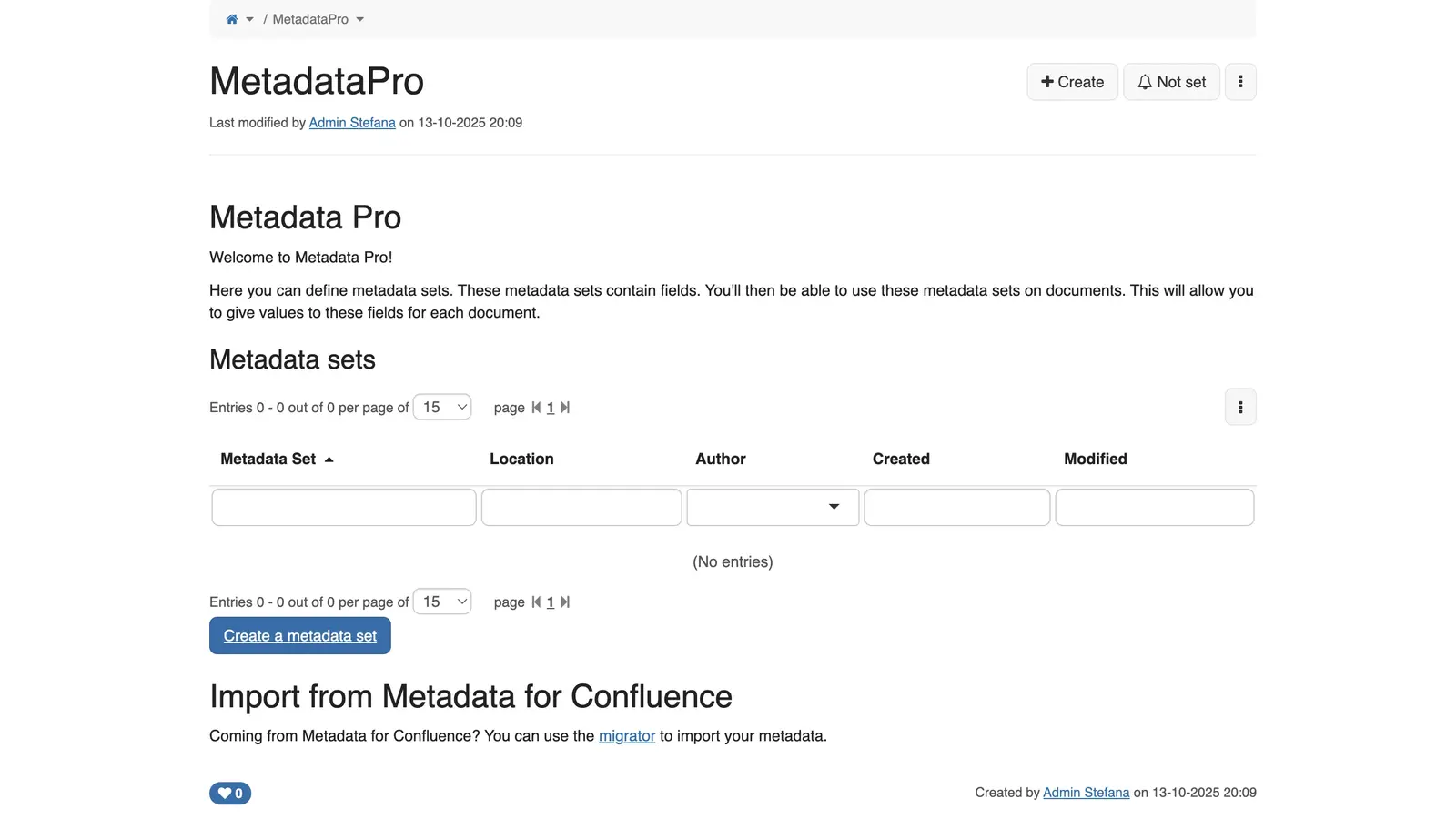 MetadataPro app built inside the knowledge base — sortable columns (Metadata Set, Location, Author, Created, Modified) with filter inputs and a Create a metadata set button