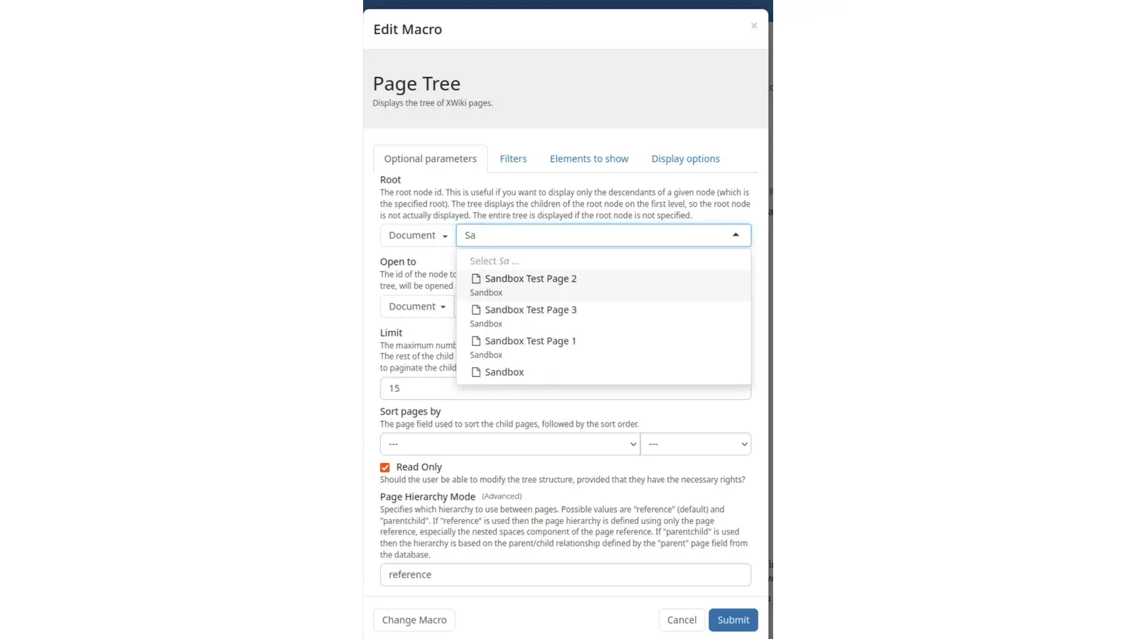 Edit Macro dialog for the Page Tree macro showing root, open-to, limit and sort parameters with a Sandbox results dropdown
