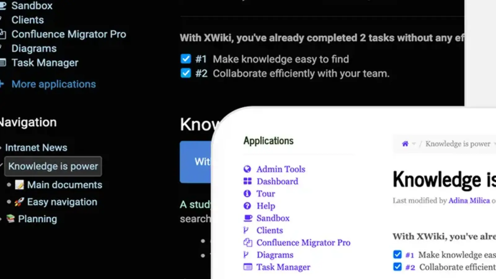 Applications panel with Navigation page tree (Knowledge is power → Main documents, Easy navigation, Planning) in light and dark themes